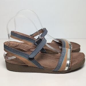 Naot Beverly Blue and Brown wedge Sandals womans size 8 EU 39
